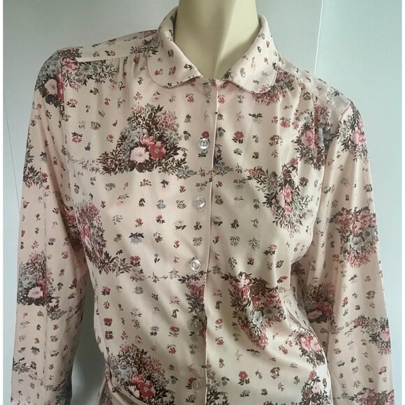 1970s Floral Blouse, Size L, Peach Polyester Shirt, Vintage Blouse - Picture 9 of 10